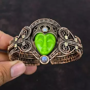 Зеленый резной костяной браслет-манжета для лица, браслет из медной проволоки, браслет с радужным лунным камнем, регулируемый браслет ручной работы, ювелирные изделия из драгоценных камней, подарок для женщин