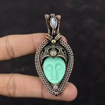 Зеленый резной кулон с лицом из кости, медная проволока, обернутые ювелирные изделия, кулон ручной работы, радужный лунный камень, ювелирный подарок для женщин, медный кулон с драгоценным камнем