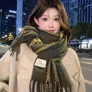 Зеленый сезон ретро клетчатый шарф женский утолщенный теплый внешний платок шарф двойного назначения