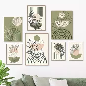 Зеленый шалфей в стиле бохо, абстрактная геометрическая линия, постер с листьями, настенный художественный принт, холст, картина середины века, настенные панно, декор для гостиной A4 21X30cm No Framed