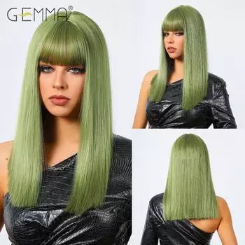 Зеленый синтетический парик для косплея с челкой, прямые парики средней длины для женщин, парик из натуральных волос на Хэллоуин, термостойкий