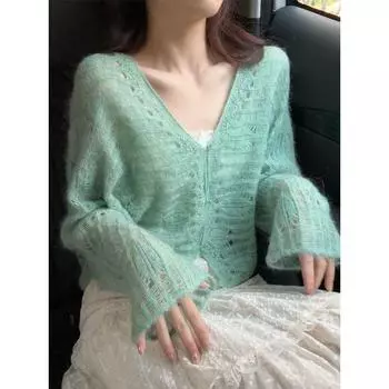 Зеленый Свежий Мохер Ажурный V-образный вырез Вязаный кардиган Женский Весна 2025 Новый Приталенный Тонкий Свитер Light green L