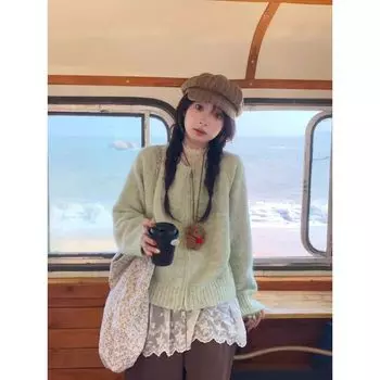 Зеленый свитер верхняя одежда женская одежда 2025 Новая весна и осень Корейская серия Уникальный Супер Милый Праздный стиль Свободный вязаный кардиган Green Quality Edition S