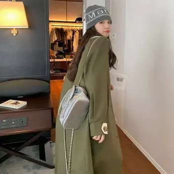 Зеленый тренчкот Женский средней длины Весна и осень Новый стиль Свободный темперамент Британский стиль Повседневное пальто S зелёный