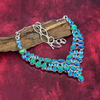 Зеленый триплет опал, голубой топаз, ожерелье из чистого серебра 925 пробы, ожерелье ручной работы с драгоценными камнями, подарки для жены, совершенно новое ожерелье Adjustable With 18 Inches зелёный