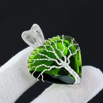 Зеленый турмалин, драгоценный камень, кулон «Древо жизни», стерлинговое серебро 925 пробы, обернутый проволокой, серебряный драгоценный камень, кулон ручной работы, ожерелье для подарка 2.36 зелёный