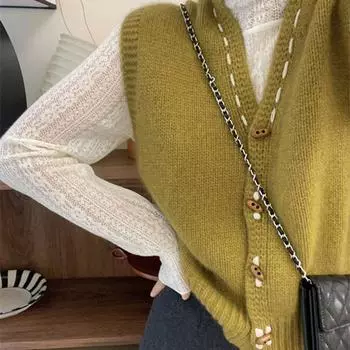 Зеленый вязаный жилет, милый V-образный вырез, одна пряжка, мягкая ткань, тонкий короткий однотонный свитер, женский вязаный кардиган, весна и осень, новая мода one size горчичный