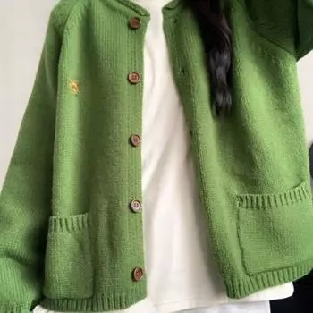 Зеленый вышитый вязаный кардиган, женская однотонная ретро-верхняя одежда, женский свитер, пальто, осенний свободный универсальный топ One Size зелёный