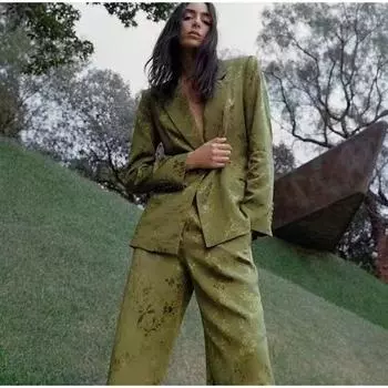 Зеленый жаккардовый пиджак, брюки, женский комплект, бант, шнуровка, длинный рукав, лацкан, пиджак, прямые брюки, осенние женские костюмы XS
