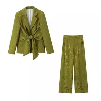 Зеленый жаккардовый пиджак, брюки, женский комплект, бант, шнуровка, длинный рукав, лацкан, пиджак, прямые брюки, осенние женские костюмы XS