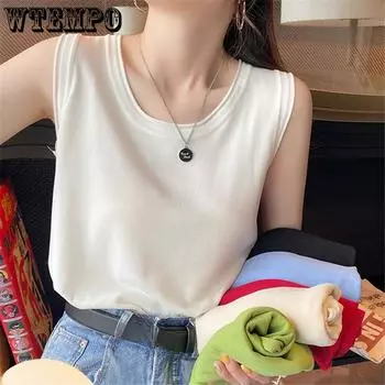 Зеленый женский летний жилет на бретельках с трикотажной футболкой без рукавов из ледяного шелка, топ со свободной нижней частью, однотонная майка на бретелях S белый