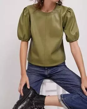 Зеленый женский повседневный формальный праздничный топ из натуральной кожи ягненка ручной работы S зелёный