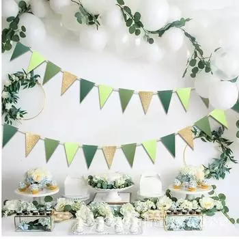 Зеленый Золотой Треугольный Флаг Баннер Babyshower Свадебная вечеринка Украшения Гирлянды Happy Baby 1st Birthday Party Цветные баннеры Декор