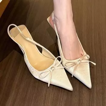 Зелёная страна чудес! Атласные туфли на высоком каблуке с бантом на заостренной головке женские весенние легкие босоножки с пустым ртом 35 зелёный