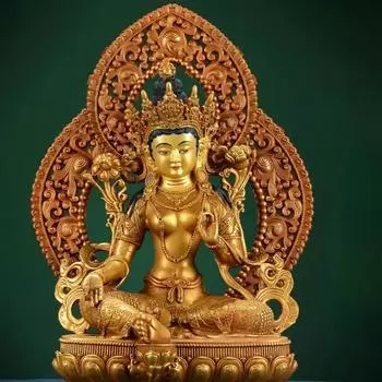 Зелёная Тара Тибет позолоченная бронзовая статуя один фут пять Авалокитешвара украшенный Будда зал латунный дом