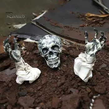 Земельные колья на Хэллоуин, реалистичная голова зомби, рука, набор газонных кольев, жуткий скелет, кости рук, уличное украшение для дома с привидениями белый