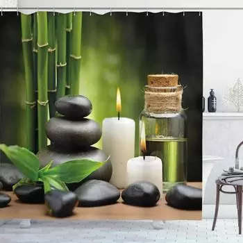 Zen Bamboo Shower Curtain, Waterproof Fabric with Nature Scenes for Relaxing Bathroom Decor, Adds Tranquil Ambiance W90XH180cm