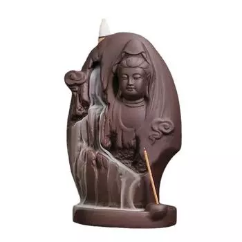 Zen Lucky FengShui Ornaments Avalokitesvar Buddha Waterfall Backflow Incense Burner Incense Stick Holder Purple Censer Tea Pet