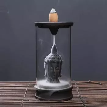Zen Ornaments Buddha Statues Backflow Incense Burner with Windproof Acrylic Cover for Home Fragrance Decor Aromatherapy Ornament
