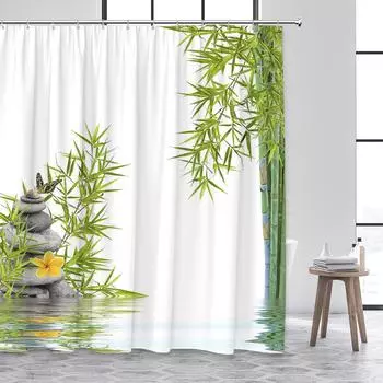 Zen Shower Curtain Green Bamboo Buddha Pink Orchid Lotus Swan Spa Nature Scenery Bathroom Curtains Fabric Home Decor with Hooks 120x180cm-47x70in