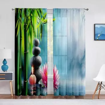 Zen Spa зеленый бамбук черный камень цветок прозрачные шторы для гостиной спальни украшения оконные вуали тюлевые шторы 1 PCS W100XH250cm&Rod Pocket