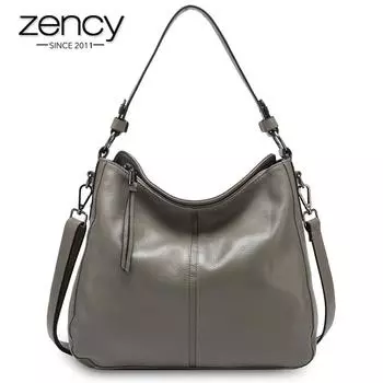 Zency 100% натуральная кожа, элегантная женская сумка через плечо, классическая черная сумка-хобо, вместительная повседневная сумка через плечо, серая коричневый