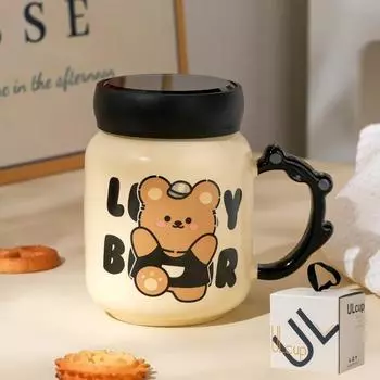 Зеркальная чашка с крышкой, керамическая чашка с рисунком медведя из мультфильма, молочно-желтая, милая девушка, открывающаяся подарочная кружка 500ML
