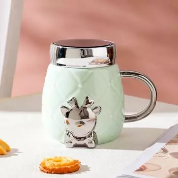 Зеркальная кружка с крышкой и ручкой в виде оленя, симпатичная керамическая кружка для дома, подарочный набор, чашка для воды, мультяшная кружка 420ML