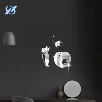 Зеркальная наклейка с изображением кота, прямые продажи, акриловая наклейка на стену, самоклеящаяся, украшение комнаты, спальня, фон, стена