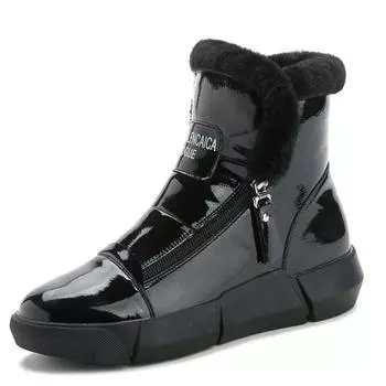 Зеркальные кожаные женские зимние сапоги, плюшевые теплые меховые повседневные ботинки, кроссовки, ботильоны на платформе, зимняя обувь на толстой подошве на молнии 35 чёрный