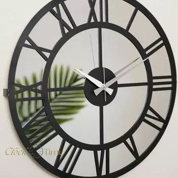Зеркальные металлические настенные часы черного цвета 50х50см с бесшумным механизмом