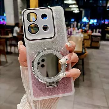 Зеркальный блестящий чехол с магнитным кронштейном для Xiaomi Redmi Note 13 Pro Plus Note13 4G 12S 12pro 5G Защитная пленка для объектива Силиконовая подставка-держатель Redmi Note 13 (4G) белый