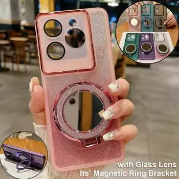 Зеркальный блестящий чехол с магнитным кронштейном для OPPO A57 A58 A78 A93 A96 A97 A72 A35 A55 A56 A17 A9 A5 Realme C65 C67 C53 C35 C33 C31 11 12 Reno 10 11 12 Pro OPPO A15/A15S/A35 2021 темно-зеленого