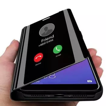Зеркальный чехол для Xiaomi Redmi Note 12 Pro 12C Flip Cover Smart Clear View PU Leather Kickstand Case для Redmi Note 11 13 Pro 13C Redmi Note13Pro plus чёрный