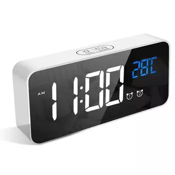 Зеркальный цифровой будильник с зарядкой от USB, прикроватные часы с функцией повтора сигнала, настольные часы с дисплеем температуры серебряный