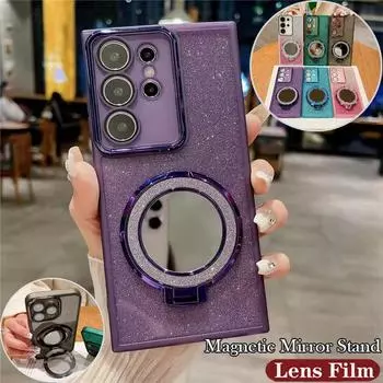 Зеркальный магнитный блестящий чехол для Samsung S24 S23 S22 S21 Ultra Plus FE A53 A14 A54 A15 A55 iPhone 16 15 14 13 12 11 Pro Max Plus XS MAX XR 8 7 iPhone X/XS чёрный