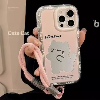 Зеркальный милый розовый чехол для телефона с изображением кота из мультфильма «Рука на веревке» 15promax