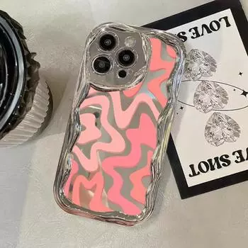 Зеркальный мягкий чехол из ТПУ с красочной текстурой и полосой для iPhone 15 14 Pro 13 Pro Max 12 11 Wave Frame с глянцевым покрытием, противоударный защитный чехол для объектива iPhone 15 розовый