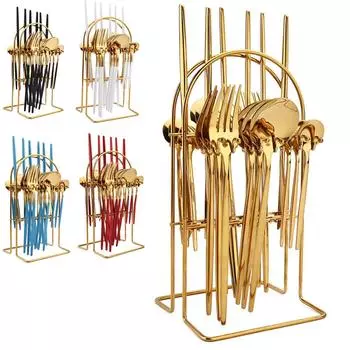 Зеркальный набор столовых приборов в западном стиле, 24 шт., с роскошной стойкой для хранения столовых приборов, включает в себя нож, вилку, ложку, чайную ложку, посуда из нержавеющей стали серебряный