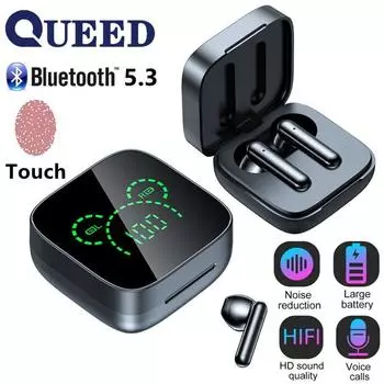 Зеркальный номер новой Bluetooth-гарнитуры показывает мини-наушники-вкладыши, настоящие беспроводные спортивные наушники, игру чёрный