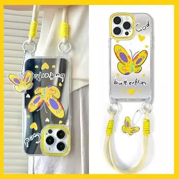 Зеркальный противоугонный чехол-шнурок для телефона, совместимый и подходящий для iPhone15 14 13 12 11promax, желтая бабочка 15