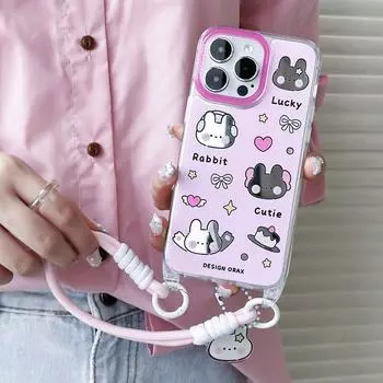 Зеркальный противоугонный чехол-шнурок для телефона, совместимый и подходящий для iPhone15 14 13 12 11promax, розовый мультяшный кролик 14PROMAX