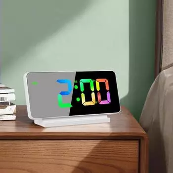 Зеркальный светодиодный цифровой будильник, дисплей температуры, даты, красочные часы с повтором, регулируемая яркость, электронные перезаряжаемые часы 12/24