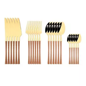 Зеркало, 6 компл., золотой набор посуды из нержавеющей стали, деревянная текстура, посуда, западный пищевой нож, вилка, чайная ложка, столовые приборы, набор вилок для торта коричневый/серебряный