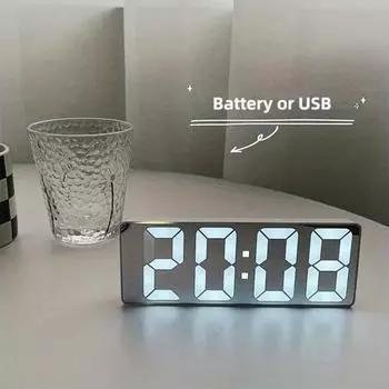 Зеркало Цифровой Будильник Светодиодные Часы Температура Календарь Дисплей Питание Регулируемая Яркость Украшения Стола Электроника Дом