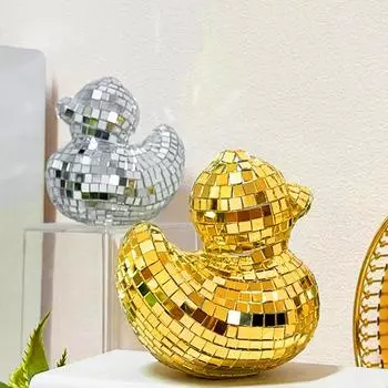 Зеркало Диско Плитка Фигурка Утки Маленькая Утка Статуя Скульптура животного Домашний офис Книжная полка Украшение рабочего стола Орнамент Рождественский подарок серебряный