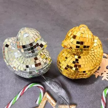 Зеркало Диско Плитка Фигурка Утки Маленькая Утка Статуя Скульптура животного Домашний офис Книжная полка Украшение рабочего стола Орнамент Рождественский подарок серебряный