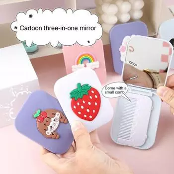 Зеркало для макияжа 2 в 1 с расческой, складное, портативное, для путешествий, без искажений, ручное, с рисунком в виде мини-игрушки A