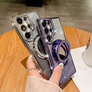 Зеркало для макияжа Magsafe, чехол-держатель-подставка для Samsung S24 Ultra S23 Ultra S22 Plus, мягкий чехол с блестящим алмазным градиентным покрытием iphone 12 чёрный