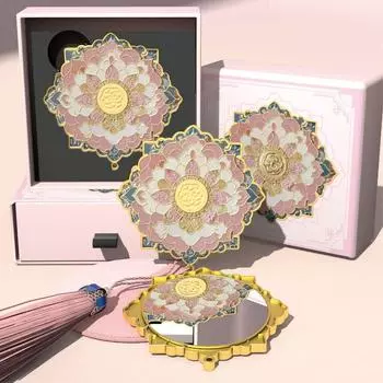 Зеркало для макияжа с кисточкой 3D Flower, медное зеркало для туалетного столика, винтажное зеркало Dunhuang, унисекс Gold Flower B